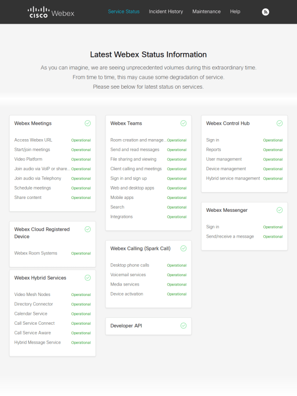 Webex Service Status Page Example.
