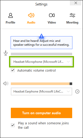 Microphone selector highlighted in join.me app settings.
