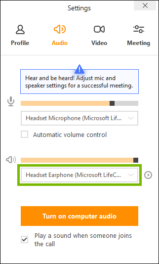 Speakers selector highlighted in join.me app settings.