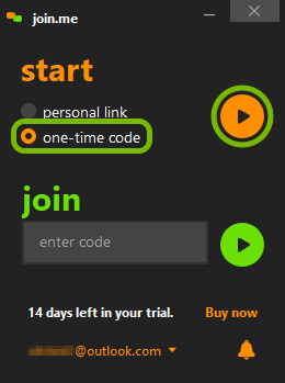 One-time code option and start button highlighted in join.me app.
