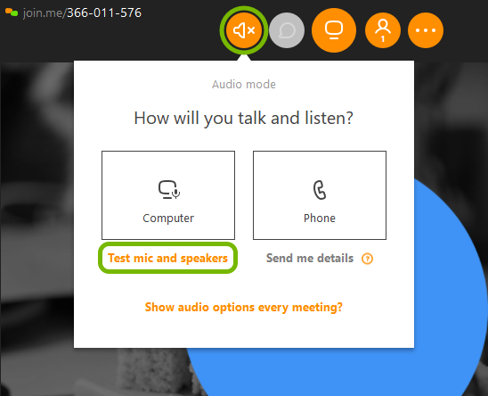 Audio icon, and Test mic and speakers option highlighted in join.me meeting.