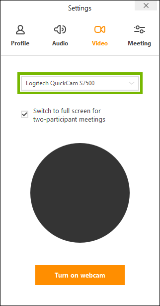 Camera selector highlighted in join.me app settings.