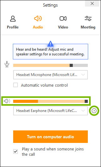 Play button and speakers volume bar highlighted in join.me app settings.
