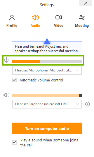 Microphone volume bar highlighted in join.me app settings.