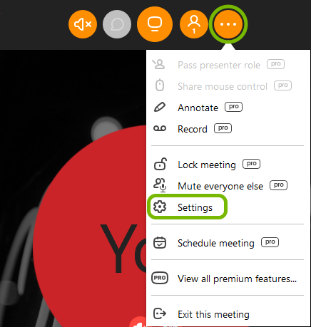 More button and Settings option in menu highlighted in join.me app.
