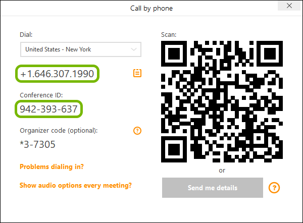 Phone number to dial and conference ID to enter to join meeting with phone shown in join.me app.