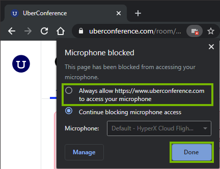 Chrome microphone access menu highlighting always allow and done.