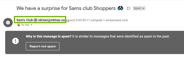 A sam's club scam email with the email address circled