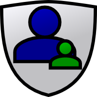 A shield with a parent and child on it.