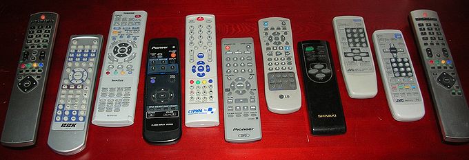 Various home theater component remote controls.