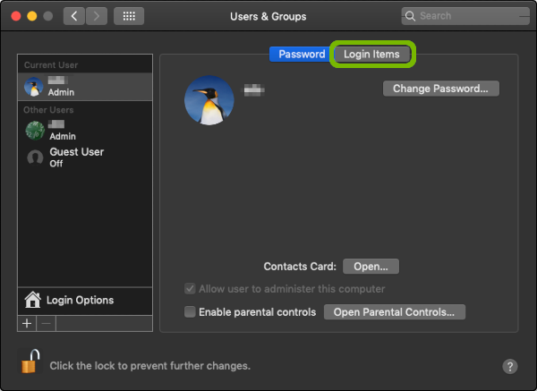 Users and Groups with Login Items tab highlighted.