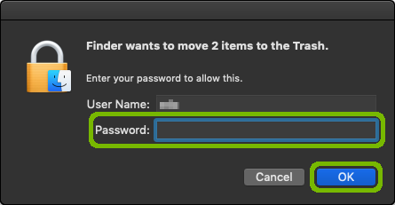 Password entry dialog with password and OK button highlighted.