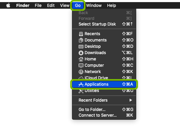 Finder menu with Go and Applications highlighted.