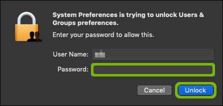 Mac password entry with password and Unlock highlighted.