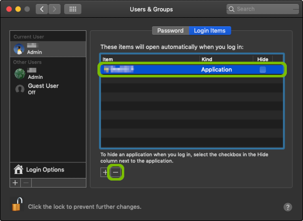 Users and Groups Login Items with entry and minus button highlighted.