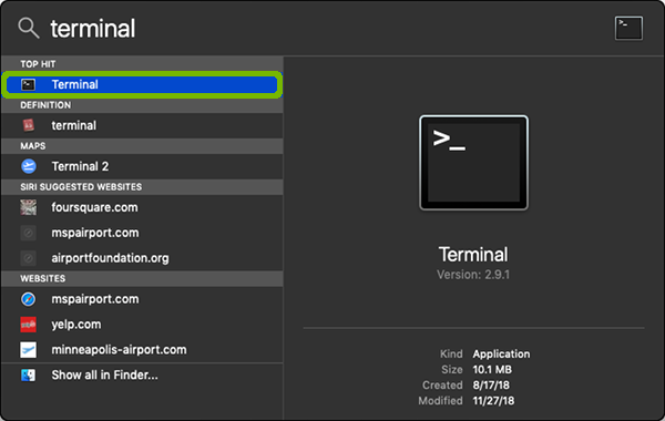 Spotlight Search with Terminal highlighted.