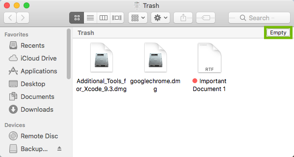 Trash with Empty highlighted.