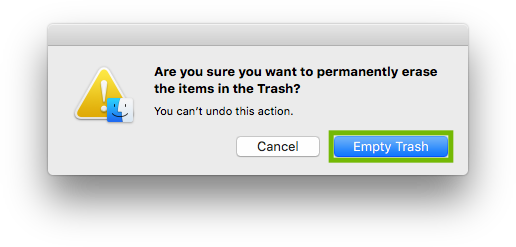 Empty trash dialog with Empty Trash highlighted.