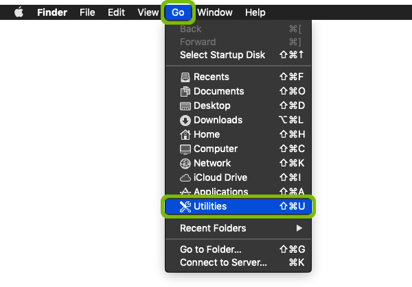 Finder menu with Go and Utilities highlighted.