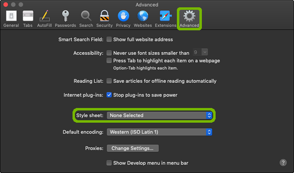Safari Preferences Advanced tab with Style sheet highlighted.