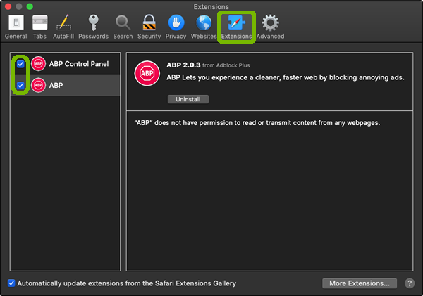 Safari Preferences Extensions tab with check boxes highlighted.