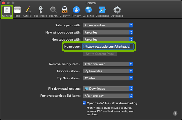 Safari Preferences General tab homepage highlighted.