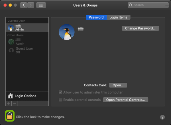 Users and Groups with Lock highlighted.