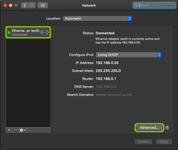 Network Preferences with active network and Advanced button highlighted.