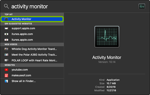 Spotlight Search with Activity Monitor highlighted