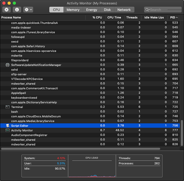 Activity Monitor with item highlighted.