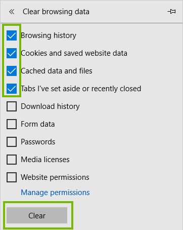 Edge clearing menu with Clear highlighted. Screenshot