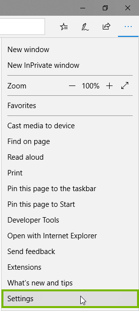 Edge menu with Settings highlighted. Screenshot\
