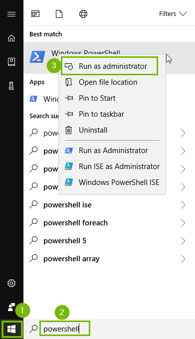 Start menu with powershell typed in and Run as Administrator highlighted. Screenshot