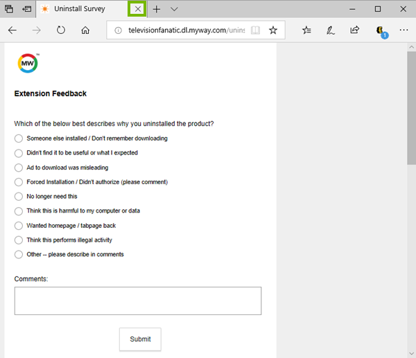 Edge extension removal popup with X highlighted. Screenshot