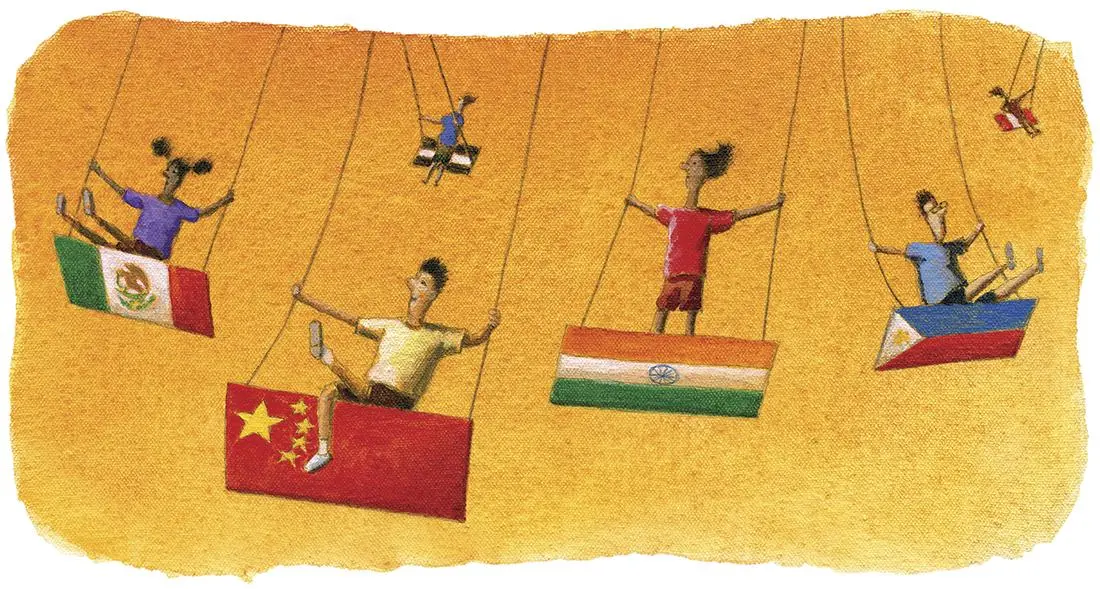 Kids swinging on counties flag