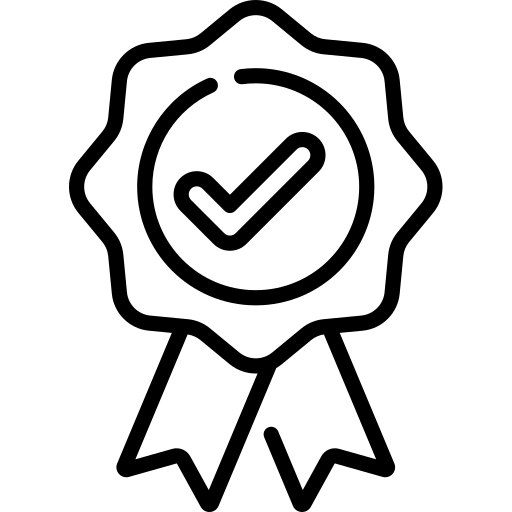 A cartoon badge with a ribbon and check mark in the center, representing achievement.