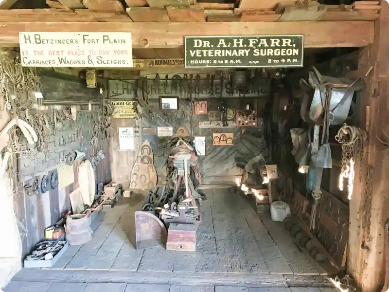 An image of the interior of a building at Kilts Farm filled with tools collected by Skip Barshied.