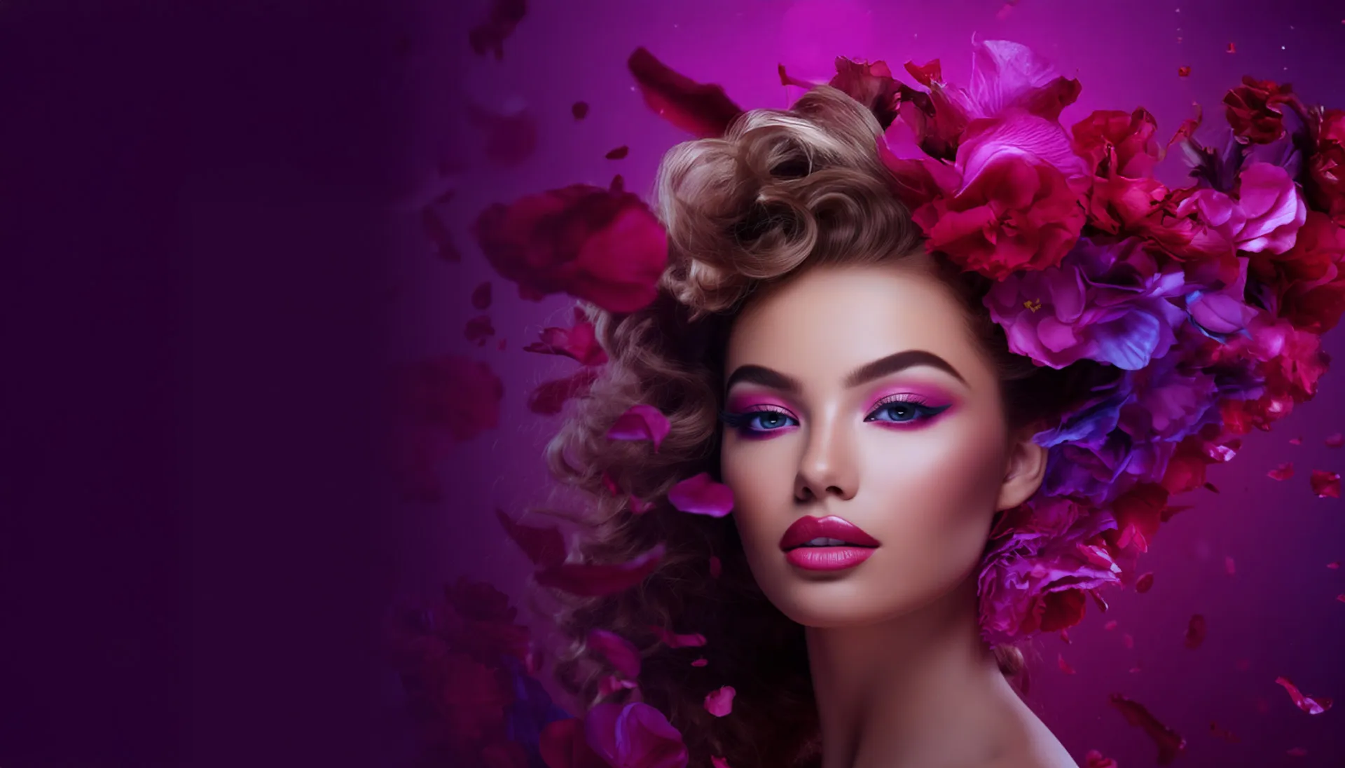 Close-up of a woman with pink and purple flower petals in her curly hair and vibrant pink makeup on a purple background.