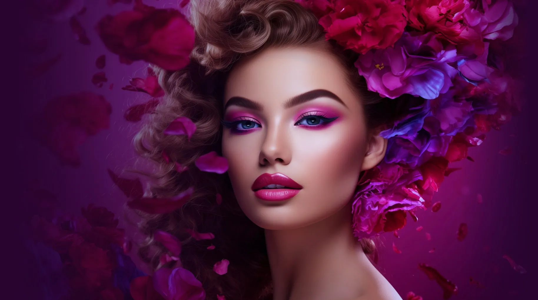 Close-up of a woman with pink and purple floral headpiece, vibrant pink makeup, and curly hair against a purple background.