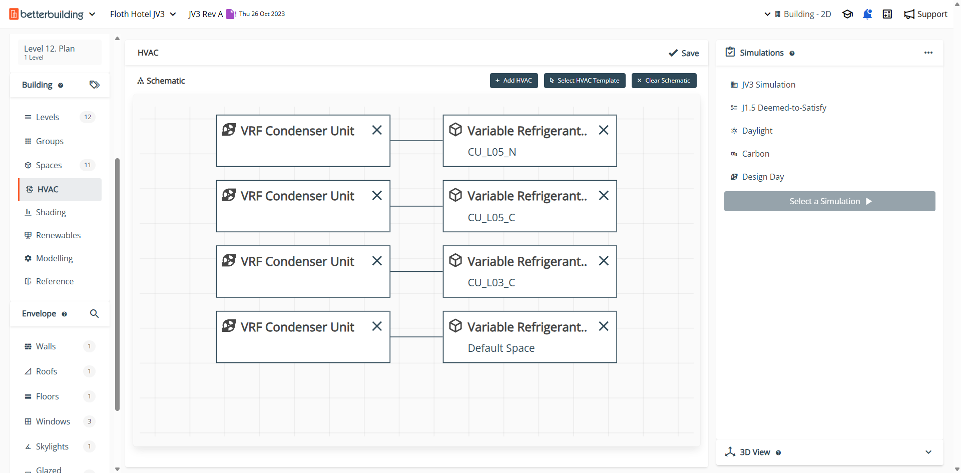 Dashboard schematic showing four VRF condenser units each connected to a variable refrigerant unit labeled with codes CU_L05_N, CU_L05_C, CU_L03_C, and Default Space.