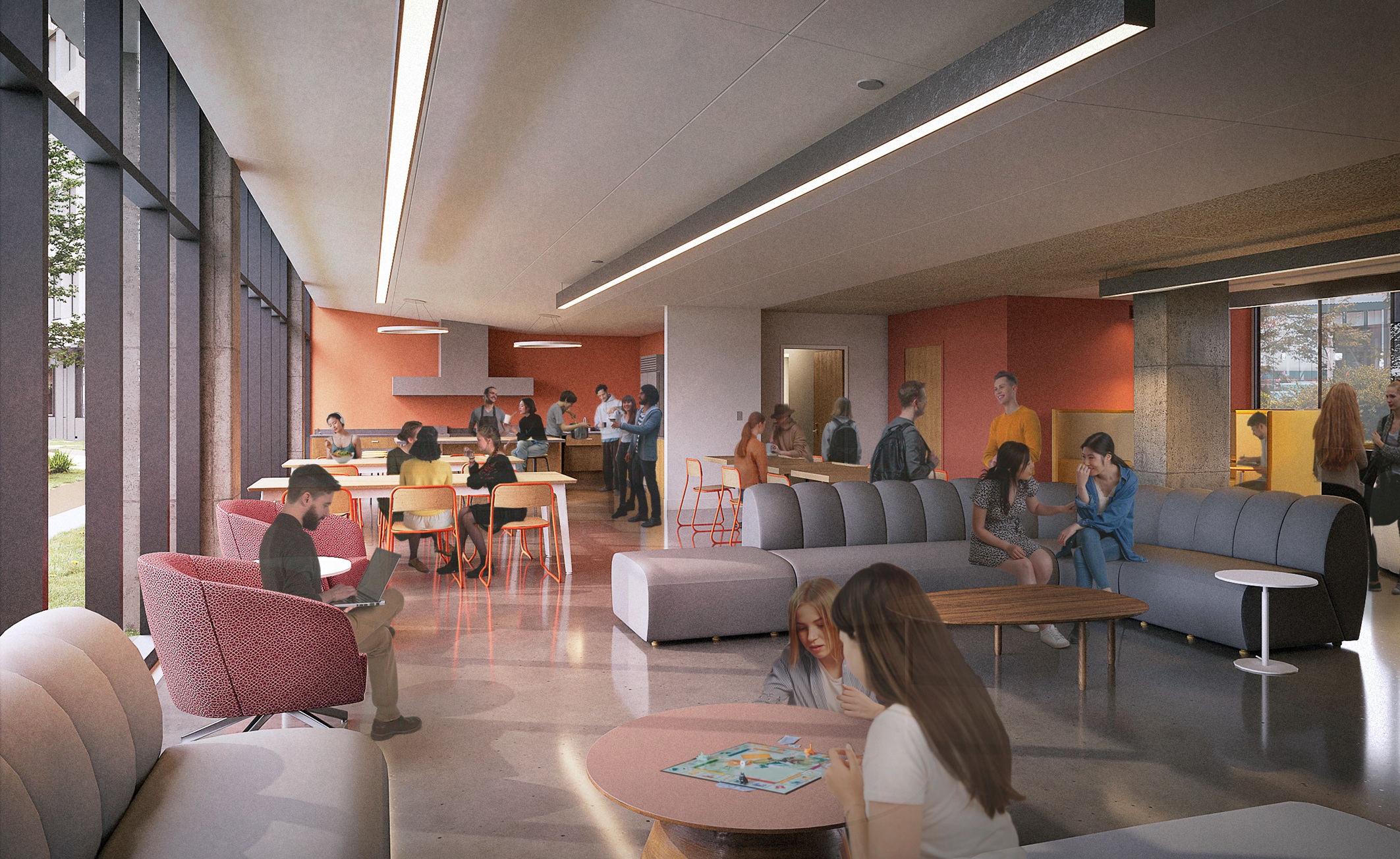 Exterior view of SFSU Student Housing architectural and interior design project, by designer Suzan Borazjani.