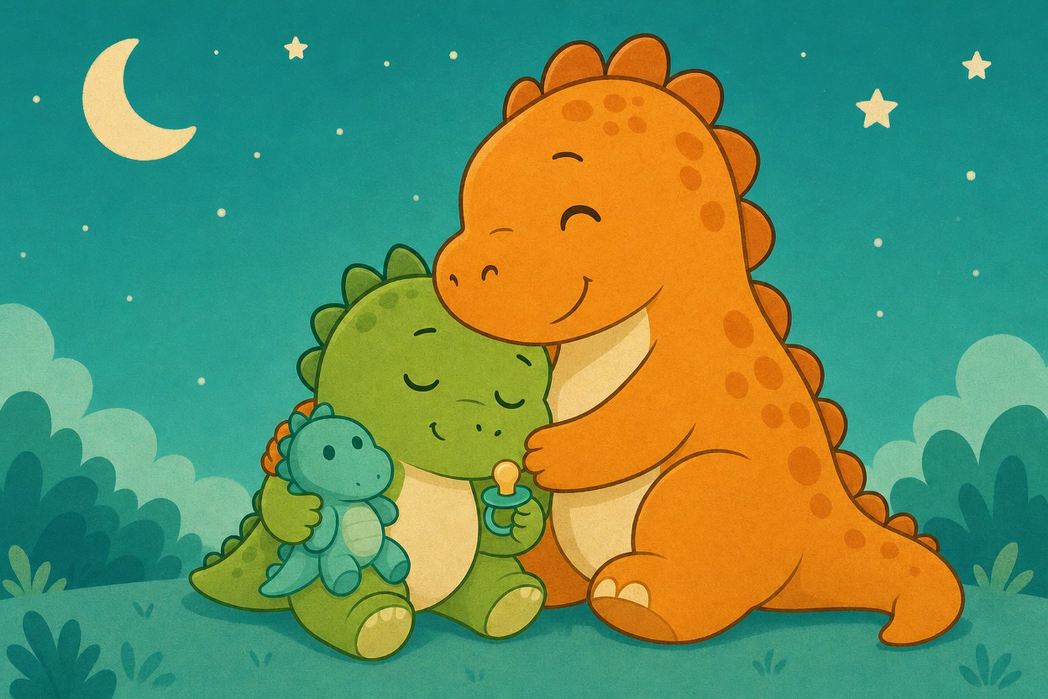 Sleepy cartoon dinosaur holding a plush toy and pacifier, hugged by an older dinosaur under a starry night sky