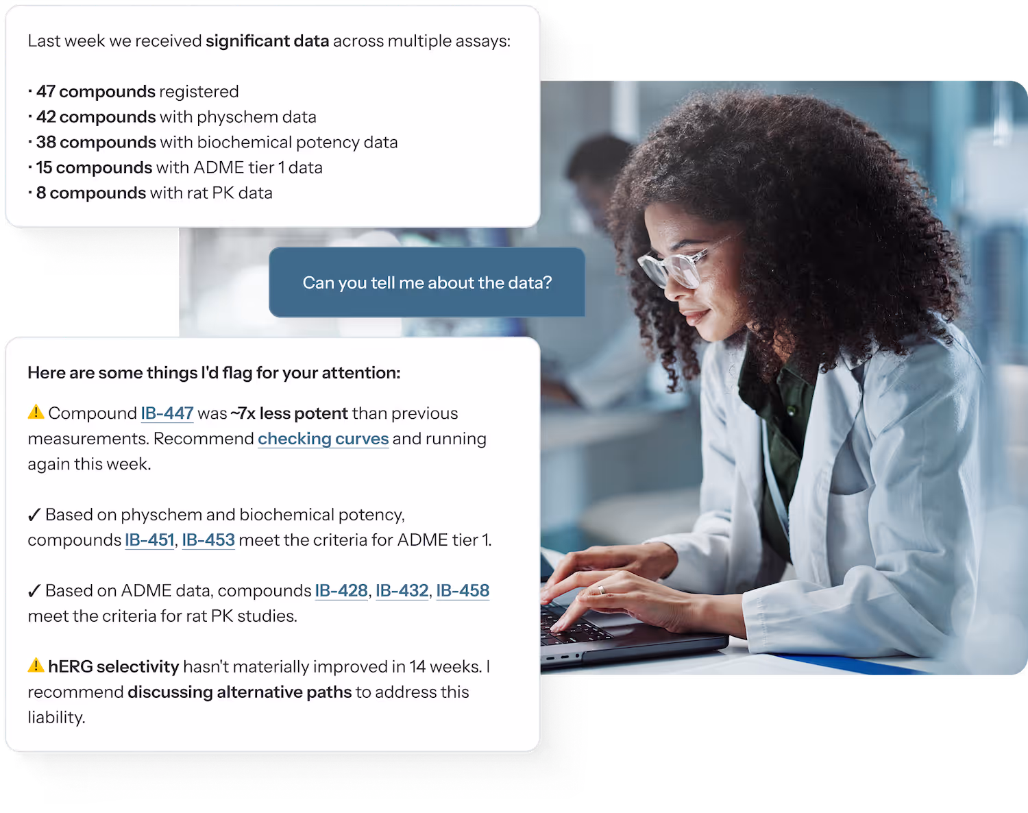 A woman in a lab coat and glasses typing on a laptop, with overlaid text showing data summaries and flagged points about biochemical compounds and assays.