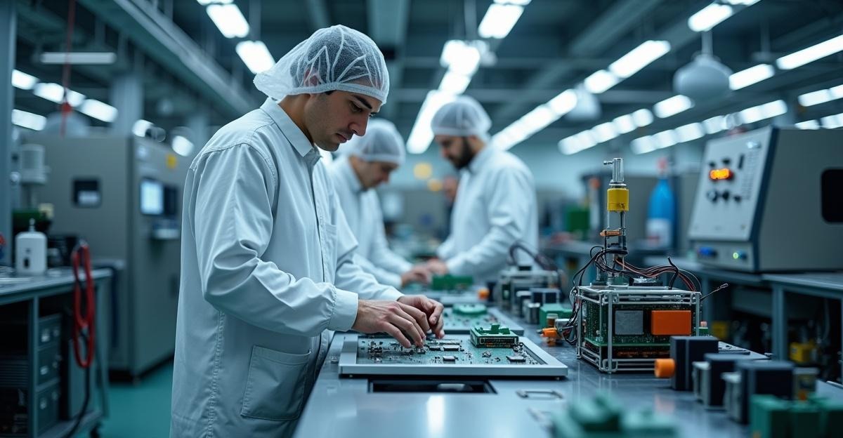 Engineers working in modern electronics manufacturing facility with advanced testing equipment
