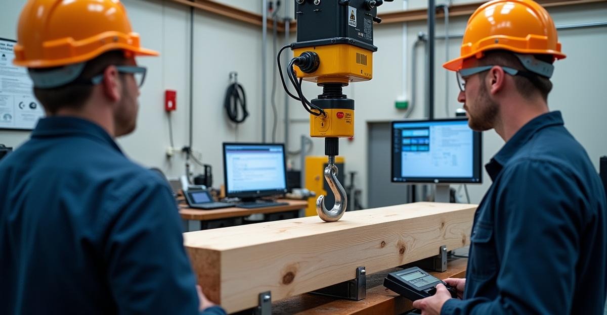 Engineers oversee a hydraulic load test on a joist hanger between timber beams inside an accredited structural testing lab.