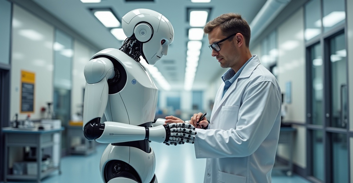 Engineer fitting soft protective padding onto the arm of a humanoid robot in a robotics lab, highlighting safety-by-design measures like compliant covers and torque-limited joints.