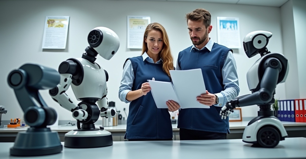Two engineers review safety documents beside industrial, service, and personal-care robots in a laboratory setting.