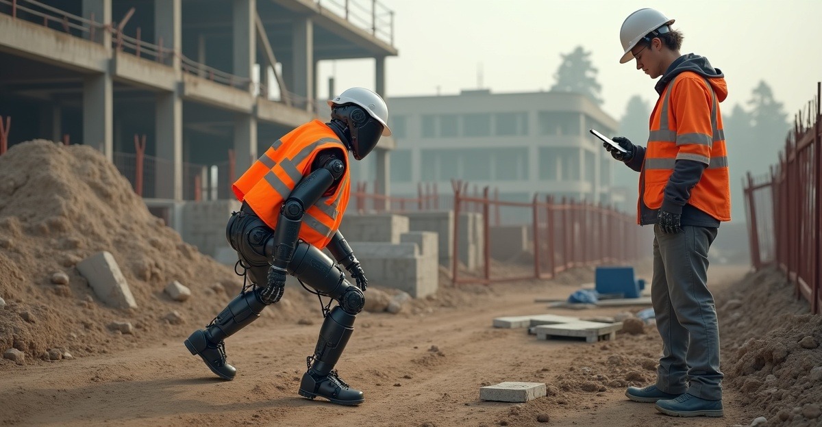 Humanoid robot in safety vest navigating uneven construction site while a human worker supervises