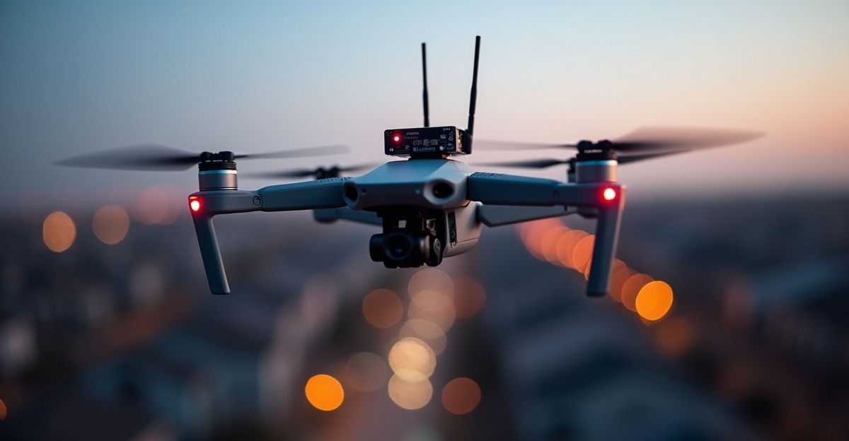 Quadcopter drone in flight with an attached Remote ID broadcast module and antennas clearly visible