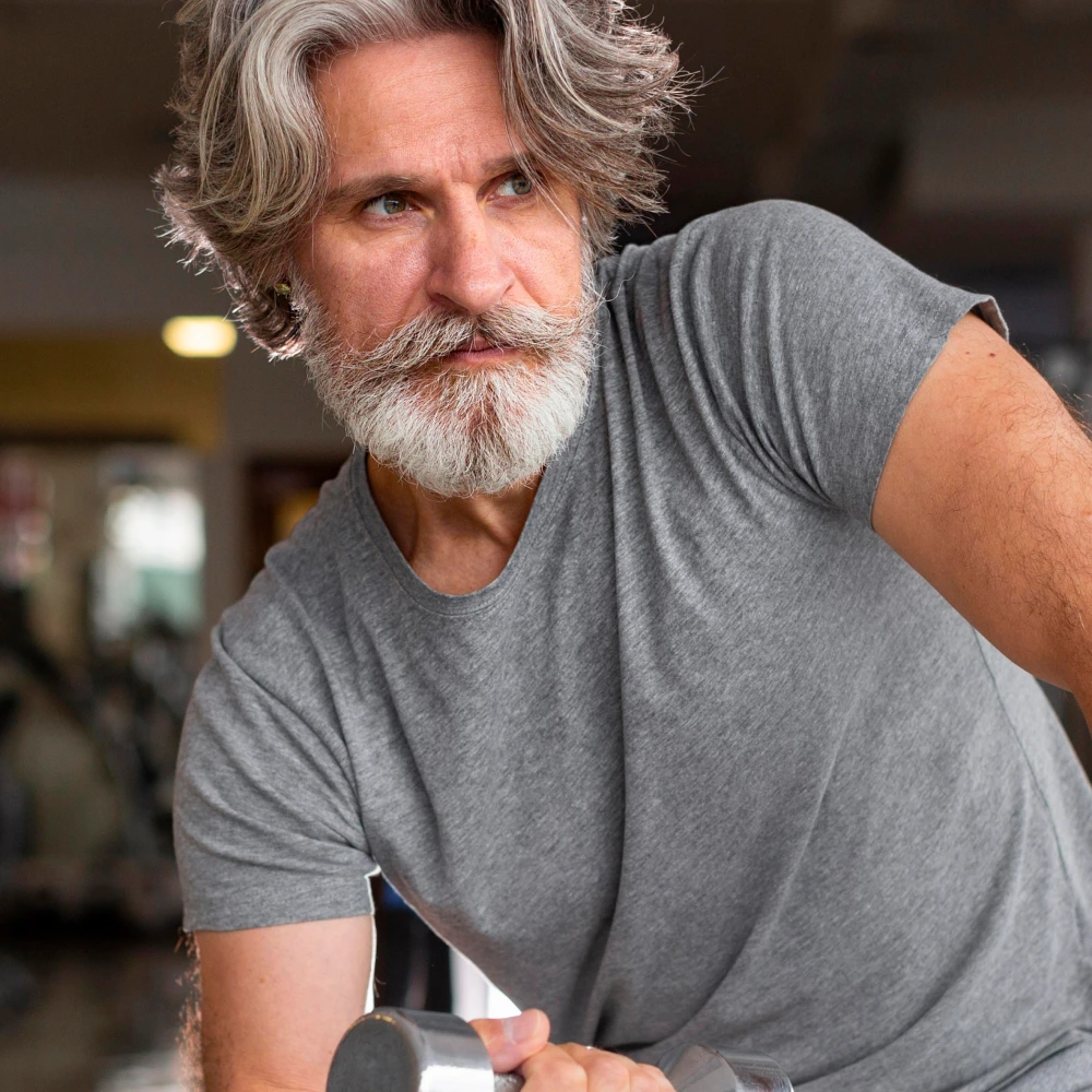 Mature man with gray hair and beard lifting a dumbbell in a gym.
